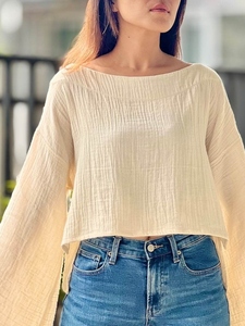 Camiseta Corta Blanca para Mujer, Hombros Caídos, Manga Larga, Cuello Redondo, Corte Holgado, Color Sólido, Transpirable, Tejido Ligero para Primavera/Verano - Product Image 6