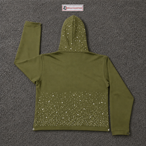 Sudadera con capucha para hombre, color verde oliva, con pedrería, con cremallera completa, estilo oversize, streetwear, casual, unisex, al por mayor - Product Image 6