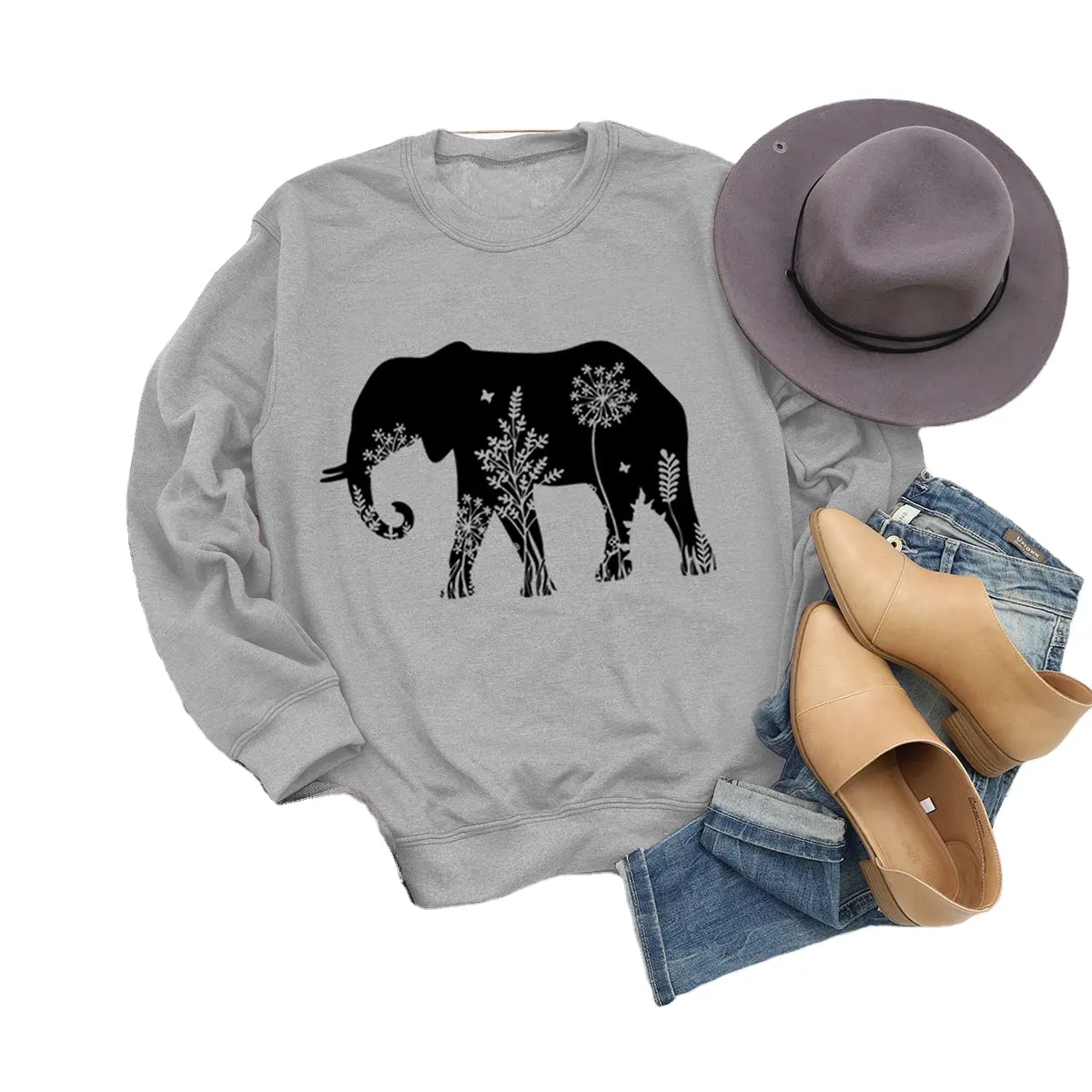 Oem custom logo design cross-border foreign trade loose women autumn and winter tops elephant cute print long-sleeve sweatshirt