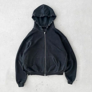 Custom Streetwear Black Hoodies Mens Blank Casual 450gsm Heavyweight French Terry Vintage Distressed Men Acid Wash <b>Zip</b> up Hoodie - Product Image 5