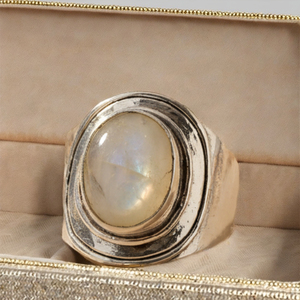 <b>Moonstone</b> Oval Cut Bezel Setting <b>Ring</b> 925 Sterling Silver Geometric Hypoallergenic Polished Finish Statement Jewelry for Women - Product Image 1