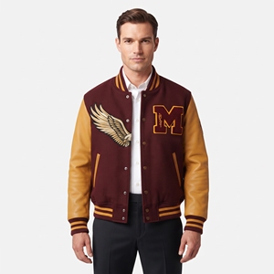 <b>Mens</b> Burgundy <b>Bomber</b> Jacket Eagle Embroidery Gold <b>Leather</b> Sleeves Custom Streetwear Fashion Outerwear Winter Jacket - Product Image 6
