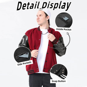 Veste universitaire style streetwear, col montant, tissu en laine d'hiver, devant en toile, patchwork brodé, manches en cuir - Product Image 5