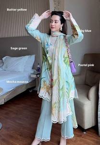 Ensemble Kurta long en coton à imprimé floral numérique pour femme, coupe régulière, tenue décontractée d'été, style Inde Pakistan, longueur au sol - Product Image 2