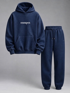 Ensemble de survêtement bleu marine pour homme, sweat à capuche et pantalon de survêtement oversize, streetwear, broderie personnalisée du logo, coton lourd - Product Image 2