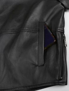 <b>Men's</b> Black PU Leather Hooded Bomber Jacket Waterproof Zipper Closure Front Logo Color Blocking Casual Short Sleeve Winter Wear - Product Image 4