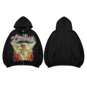 Sweat à capuche zippé noir pour homme, coupe oversize, style streetwear, imprimé ange sur le devant, manches classiques, en molleton bouclette, idéal pour l'automne - Product Image 1