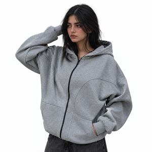 Sudadera con capucha doble personalizada para mujer, con cremallera, de poliéster y algodón, estilo urbano, con máscara facial integrada y ajuste holgado. - Product Image 3