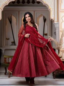 Designer Party Wear Chanderi Jacquard Butti Anarkali Set With Pant And Dupatta Crafted For Comfort And Stitched With Grace - Product Image 2