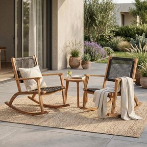 Ensemble de chaises à bascule d'extérieur modernes en teck massif avec table d'appoint, mobilier de jardin et de véranda en corde tressée, fabricant indonésien - Product Image 1