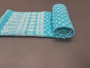Tela de Algodón Azul Cielo de Primera Calidad con Bordado Schiffli, Muy Solicitada - Material con Borde Floral Paisley y Cuadrícula Geométrica Blanca - Product Image 1