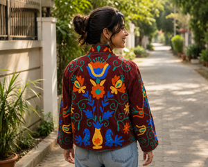 Bird Embroidery Bomber Jacket Handmade <b>Needlework</b> Women Rust Velvet Party Wear Masterpiece Cotton Lining Side Pockets Coat - Product Image 3