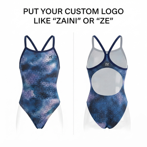 Women Premium 220 GSM Polyester Spandex One Piece Swimsuit <b>Blue</b> Purple Geometric Print Custom Heat Transfer Logo Racerback Fit - Product Image 1