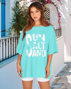 T-shirt décontracté en jersey de coton vert menthe à col rond et manches courtes pour femme, coupe ample, imprimé soleil, sel et sable, idéal printemps-été - Product Image 3