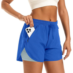 Royal Blue 2 In 1 Women Gym Shorts Polyester Double Layer Running Shorts With <b>Phone</b> Pocket High Waist Breathable Bottoms - Product Image 1