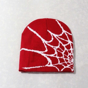 Bonnet d'hiver unisexe en tricot jacquard à motif toile d'araignée rouge et blanc, 100% acrylique, ajustable, style Y2K - Product Image 1