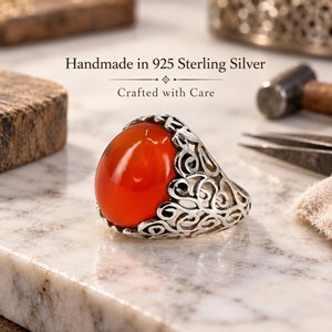 Anillo de Piedra Natural Cornalina Ovalada, Plata de Ley 925, Hecho a Mano, Engaste de Bisel Rojo, Chapado en Oro de 14K, para Boda - Product Image 5