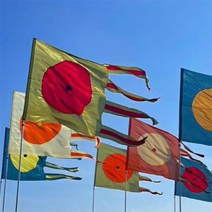 Banderas de colores con rayas y patrones circulares para eventos y festivales al aire libre - Product Image 3