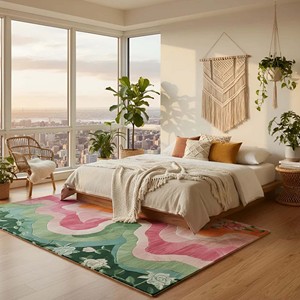 Tapis floral abstrait rose et vert de luxe, tufté à la main en laine |   Tapis de salon contemporain, tapis décoratif moderne et doux pour chambre à coucher - Product Image 4