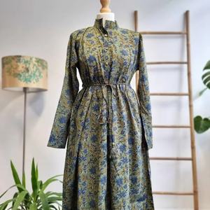Pur coton mi-longueur vert robe florale élégant confortable indien bloc imprimé respirant bouton décontracté pour les vêtements de jour d'été - Product Image 1