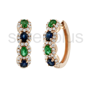 14K Solid Gold Emerald Sapphire Diamond Halo <b>Huggie</b> Earrings Natural Stone Gift Fine Jewelry - Product Image 2