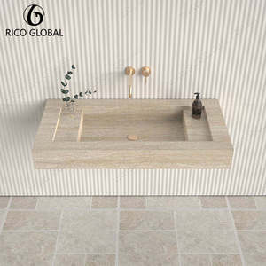 Lavabo Rectangular de Mármol para Montar en la Pared, Diseño Minimalista Pulido, Grifo Dorado, Lavabo para Baño - Product Image 5