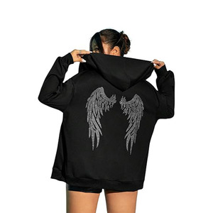 Sudadera con capucha de manga larga con cremallera para mujer, talla grande, hombros caídos, con pedrería, estilo vintage, holgada - Product Image 1