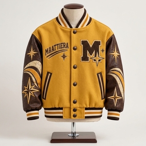 Chaqueta de Cuero para Hombre, Color Amarillo Marrón, con Mangas de Cuero, Bordado Personalizado, Estilo Racing Streetwear, Cierre de Botones a Presión, Estilo Varsity - Product Image 5