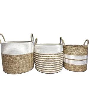 Natural Eco-friendly Cotton Rope Basket for Laundry Storage cotton woven basket Handmade Large Straw Home Woven Storage