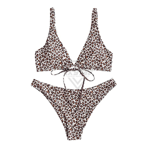 Conjunto de bikini con estampado de leopardo para mujer, cuello en V profundo, parte inferior tipo tanga con cordones, traje de baño elástico de poliéster y spandex, ropa de playa - Product Image 1