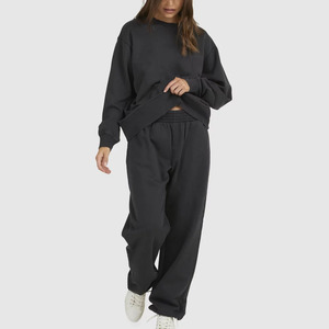 Conjunto Deportivo de Sudadera y Pantalones Extra Grandes para Mujer, Color Negro, Cuello Redondo, Manga Larga, Corte Holgado, Color Sólido, Ropa Casual de Otoño con Si - Product Image 4