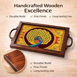 Plateau de service en bois avec motifs artistiques traditionnels, plateau de service de qualité commerciale pour la maison, la salle à manger et les restaurants - Product Image 3