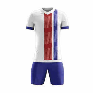 Men's White Red Blue Striped Soccer Jersey Short Sleeve V-Neck Breathable 100% Polyester <b>Athletic</b> Fit Uniform All Seasons - Product Image 1