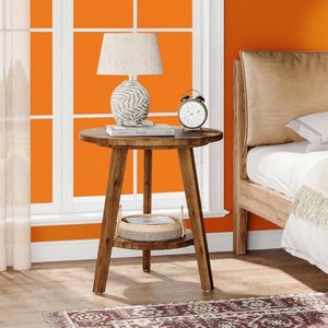 Farmhouse Style Wood Round End <b>Table</b> with Storage Shelf As <b>Sofa</b> <b>Side</b> <b>Table</b> or Nightstand for Living Room - Product Image 1