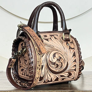 Ensemble de 2 sacs à main en cuir véritable entièrement travaillés à la main, design floral vintage, fermeture éclair, sac bandoulière et sac Speedy pour femme - Product Image 3