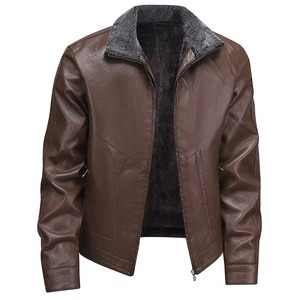 <b>Men's</b> Black PU Leather <b>Jacket</b> Moto Biker Style Turn down Collar Faux Fur Lining Zipper Closure Regular Fit Autumn Wear - Product Image 5