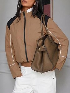 <b>Women</b> Color Blocking Windbreaker <b>Jacket</b> Full Sleeve Stand Collar Zipper <b>Fly</b> Lightweight Polyester Sporty Casual Spring Wear - Product Image 5
