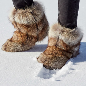 Botas de Nieve Unisex de Piel con Pelo de Zorro Auténtico, Zapatos de Invierno con Entresuela de Goma Confortable, Forro de Pelo Sintético y Punta Redonda - Product Image 1
