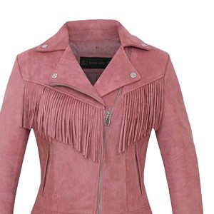 Premium Dusty Rose <b>Suede</b> Women Fringe <b>Leather</b> <b>Jacket</b> Chest Fringe Slim Fit Biker Style Notch Collar Customization Available - Product Image 4