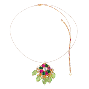 Fine Alloy Gold Plated Oxidized Polish Casual Beaded Necklace with Green Beads and Jadau Invisible Chain - Product Image 3