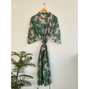 V-Neck Printed <b>Animal</b> <b>Pattern</b> Breathable <b>Knitted</b> Kimono Robe with Belt Long Sleeve Maxi Length Loose Fit 100% Cotton Cover-Up - Product Image 1