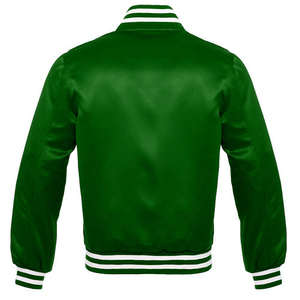 Unisex Classic Satin Varsity Bomber Jacket <b>Green</b> Blue Black Collection Striped Ribbed Trim Zipper Closure Sporty Stand Patchwork - Product Image 5