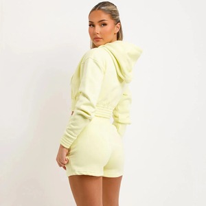 100% Cotton Fleece Fabric Made Crop Zipper Hoodie & Shorts <b>Sets</b> Casual Loungewear & Jogging Running Clothing Hooded <b>Twin</b> <b>Set</b> - Product Image 6