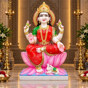 Statue de Lakshmi en marbre avec travail en or |   Maa Lakshmi à quatre bras sur lotus rose |   MALIYAS Jaipur - Product Image 2