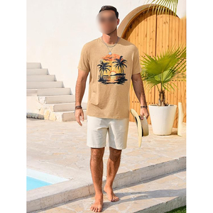 เสื้อยืดแขนสั้นลำลองผู้ชาย พิมพ์ลายพระอาทิตย์ตกแบบทรอปิคอล คอกลม ทรงปกติ ผ้าเจอร์ซีย์คอตตอน 100% - Product Image 2