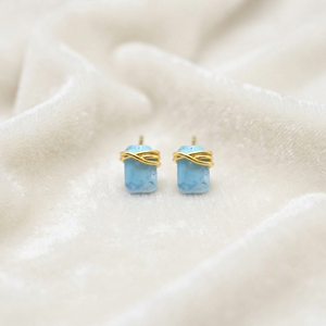 Ratnarachit Handmade Wire Wrapped <b>Turquoise</b> <b>Stud</b> <b>Earrings</b> 14K Gold Plated Brass Baguette Cut Minimalist Gift - Product Image 1