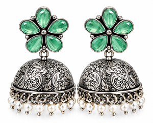 Pendientes Jhumka de Plata Oxidada con Piedra Verde Agua y Diseño Floral, Joyería Colgante Floral, Venta al por Mayor, Directo de Fábrica, OEM ODM - Product Image 6