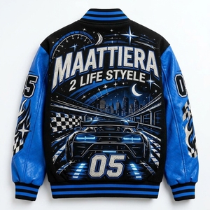 Men Black Letterman Jacket Blue Leather Sleeves Racing <b>Car</b> Graphic Embroidered Design Snap Front Ribbed Streetwear - Product Image 5