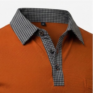Polo à manches courtes orange pour homme avec col et poignets à carreaux, en coton tricoté, décontracté, respirant, avec poche, coupe classique - Product Image 4