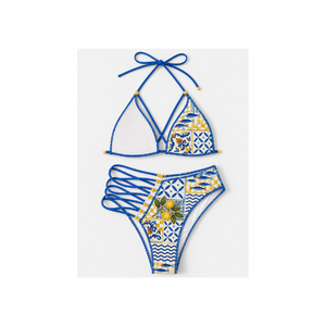 Bikini con Estampado Azul y Parte Inferior con Cuentas Blancas en Forma de Limón, Tela de Algodón/Spandex, Traje de Baño de Dos Piezas de Alta Calidad para Mujer - Product Image 3